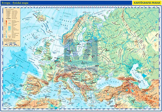 Evropa – školní nástěnná fyzická mapa