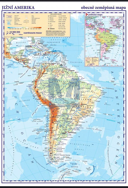 Jižní Amerika - obecně zeměpisná mapa